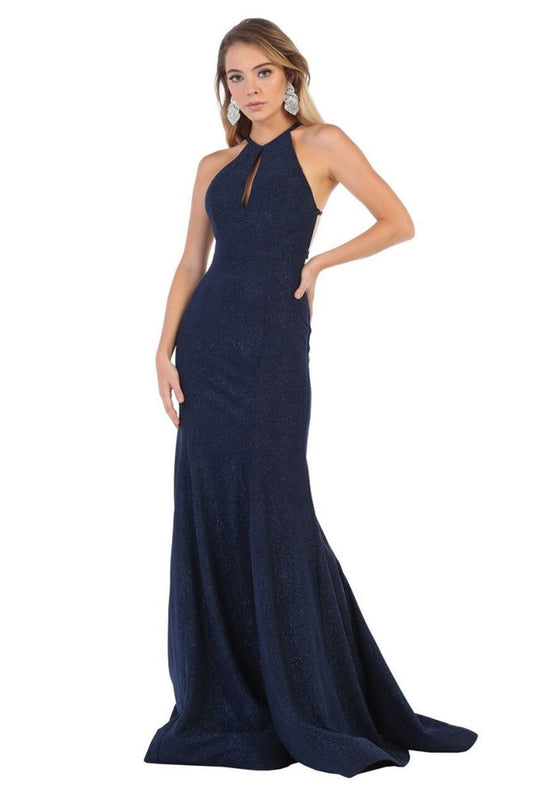 Navy Glitter Fit & Flare Formal Long Dress