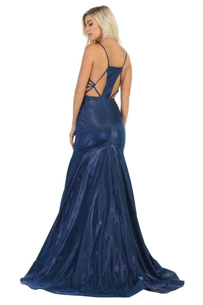 Navy Metallic Fit & Flare Formal Long Dress