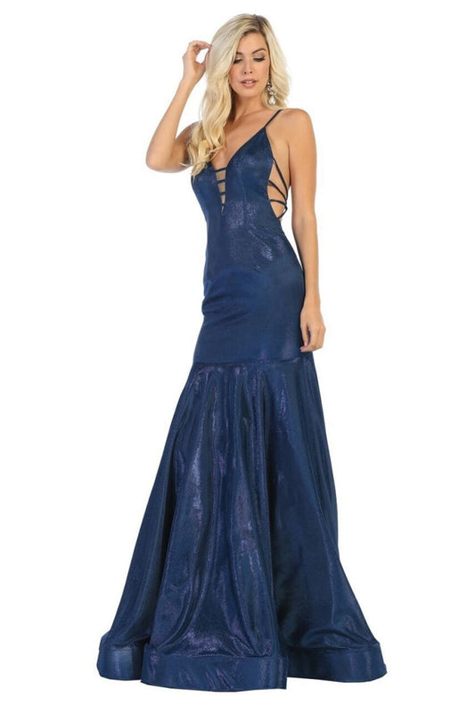 Navy Metallic Fit & Flare Formal Long Dress