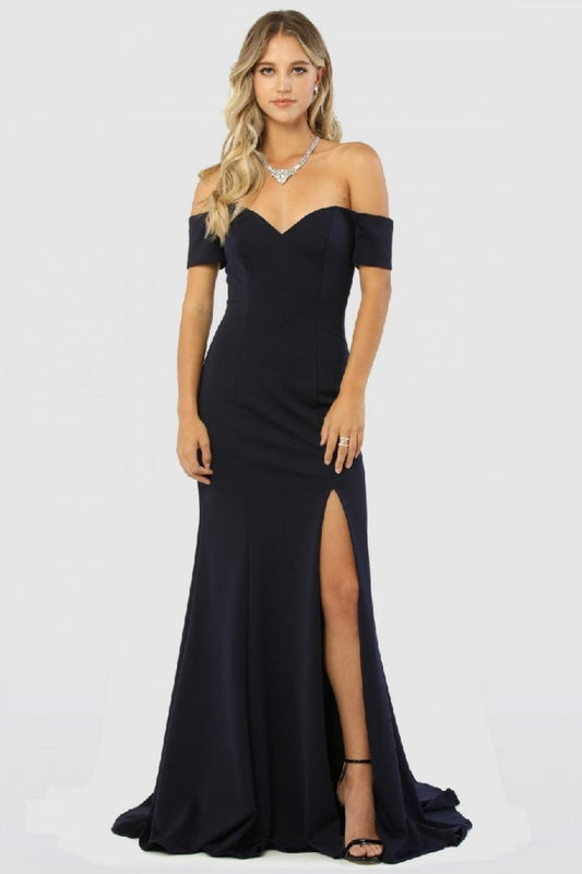 Navy Off Shoulder Fit & Flare Long Formal Dress