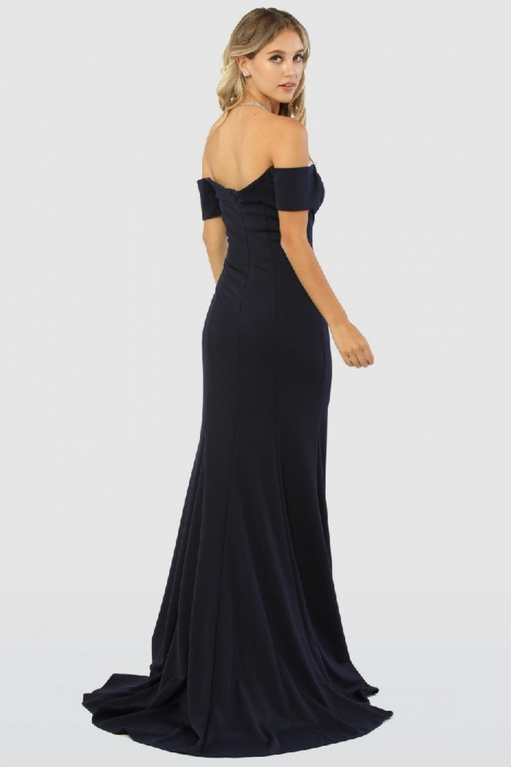 Navy Off Shoulder Fit & Flare Long Formal Dress