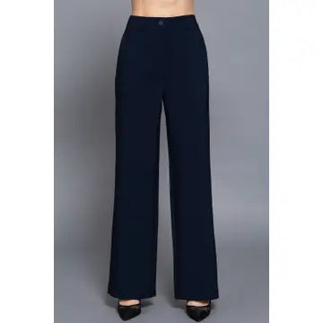 Navy One Button Back Elastic Detail Straight Woven Long Pants