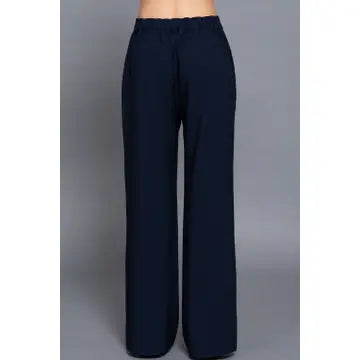 Navy One Button Back Elastic Detail Straight Woven Long Pants