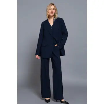 Navy One Button Back Elastic Detail Straight Woven Long Pants