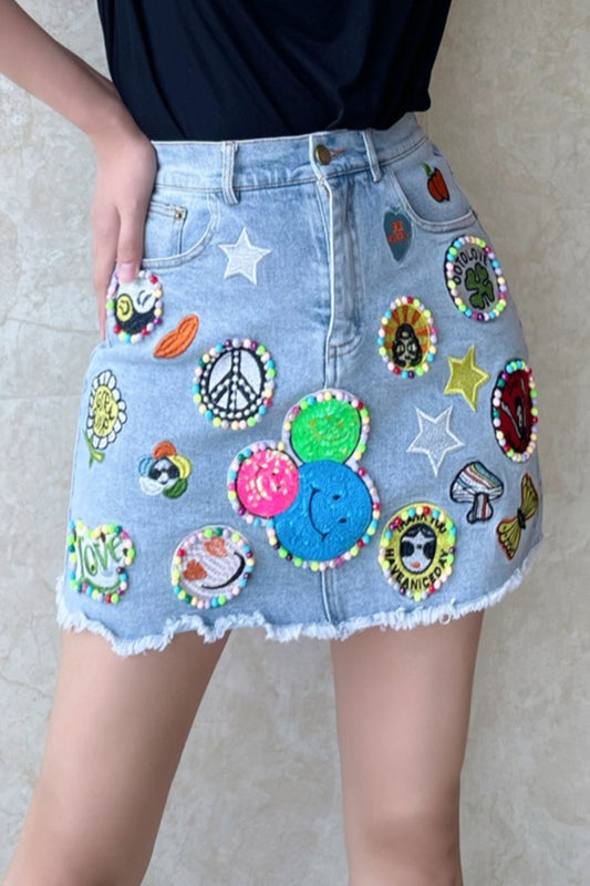 Patched Denim Skirt
