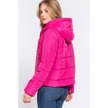 Women's Hot Pink Long Sleeve Inside Faux Fur Hoodie Puffer Jacket