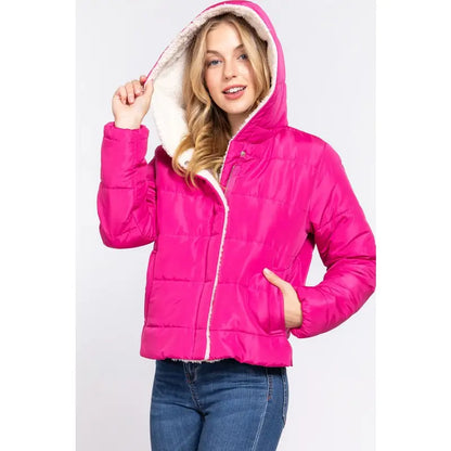 Women's Hot Pink Long Sleeve Inside Faux Fur Hoodie Puffer Jacket
