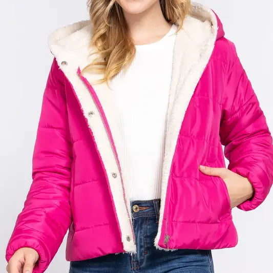 Women's Hot Pink Long Sleeve Inside Faux Fur Hoodie Puffer Jacket