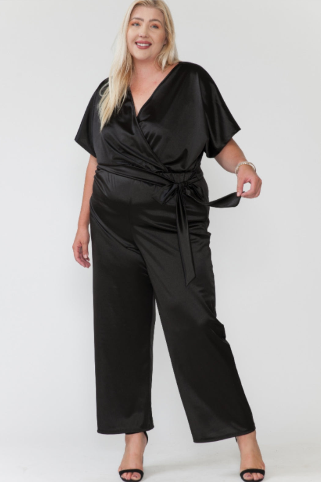 Plus Size Over Lap V Neck Waist Tie Wide Fit Jumpsuit