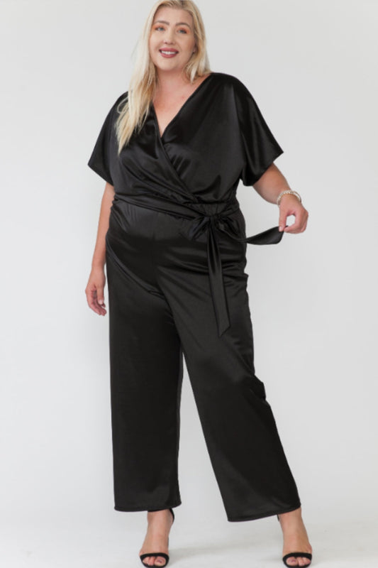Plus Size Over Lap V Neck Waist Tie Wide Fit Jumpsuit