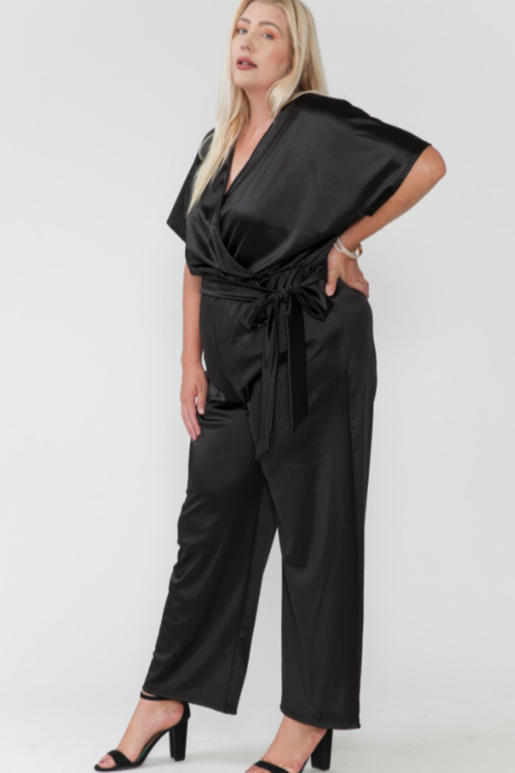 Plus Size Over Lap V Neck Waist Tie Wide Fit Jumpsuit
