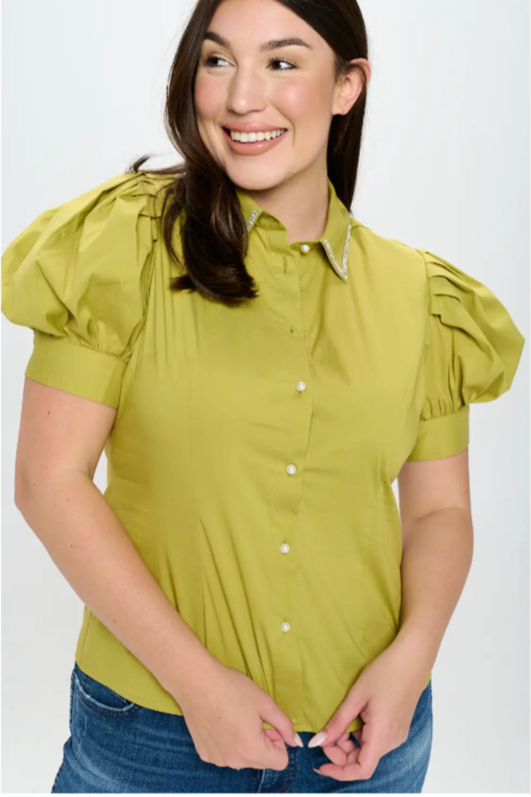 Plus size rhinestone collar shirt