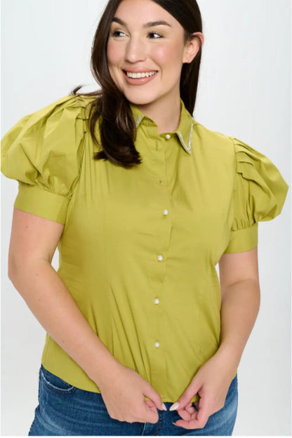 Plus size rhinestone collar shirt