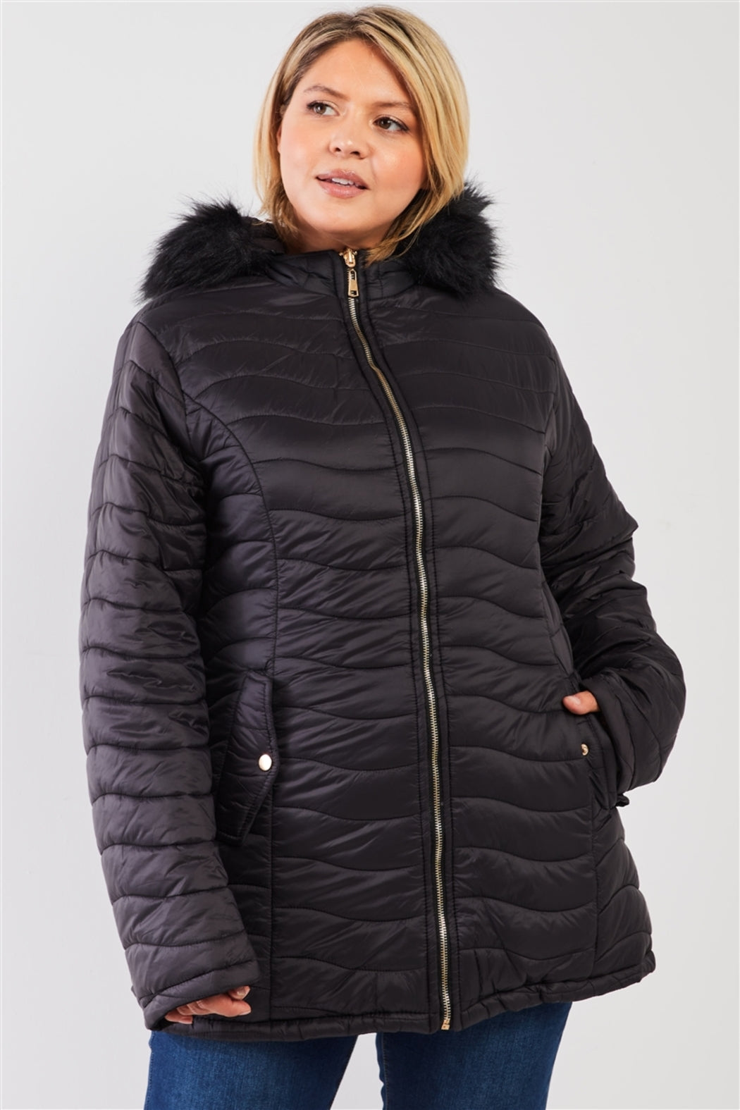 Plus Size Vegan Fur Double-Sided Parka & Puffer Jacket