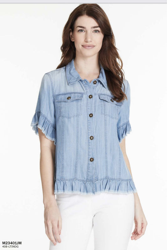 Point Collar Ruffled Trim Short Sleeve Button Front Lyocell Jean Jacket/Shirt