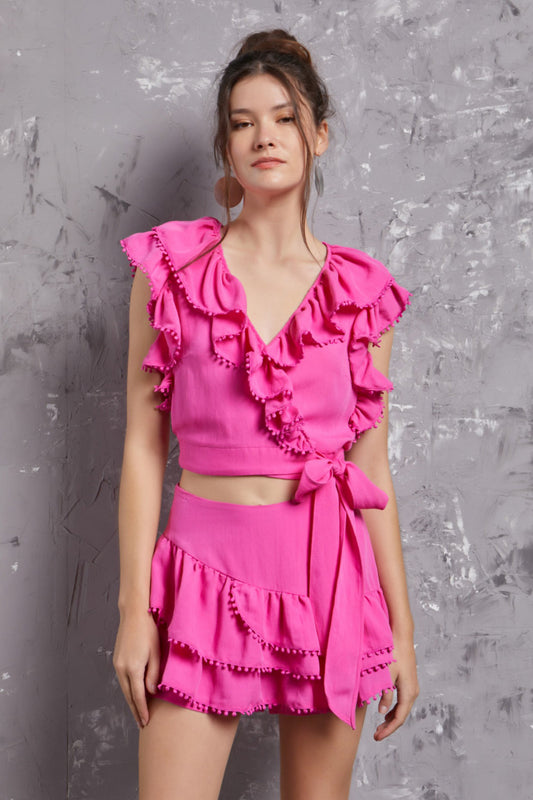 Pom Detail Ruffle Top