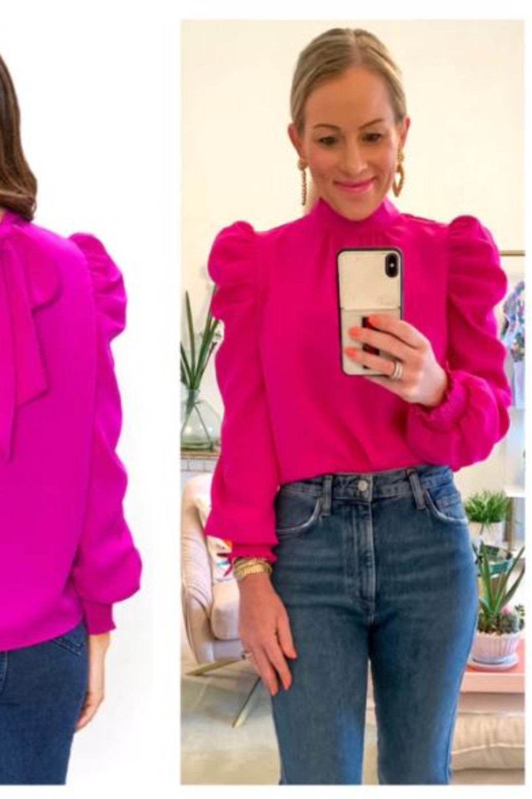 Puff Sleeve Mock Neck Top with Bow Back
