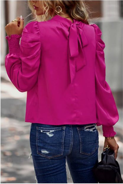 Puff Sleeve Mock Neck Top with Bow Back