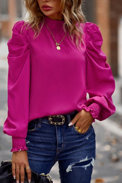 Puff Sleeve Mock Neck Top with Bow Back