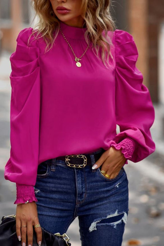 Puff Sleeve Mock Neck Top with Bow Back