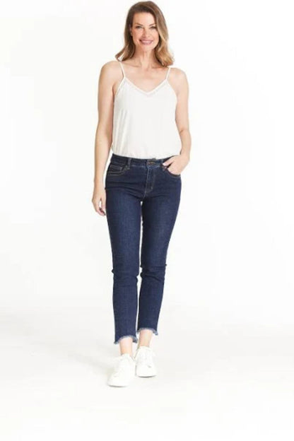 PULL ON 5 PKT HI-LO FRINGE HEM ANKLE JEAN