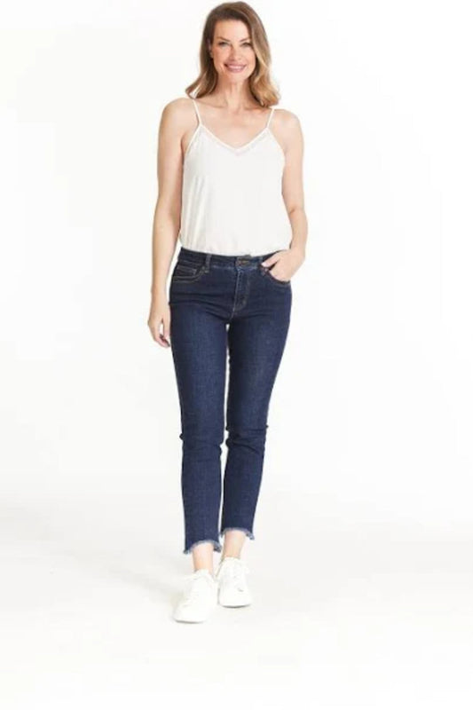 PULL ON 5 PKT HI-LO FRINGE HEM ANKLE JEAN