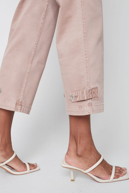 Pull on denim pant with side button detail
