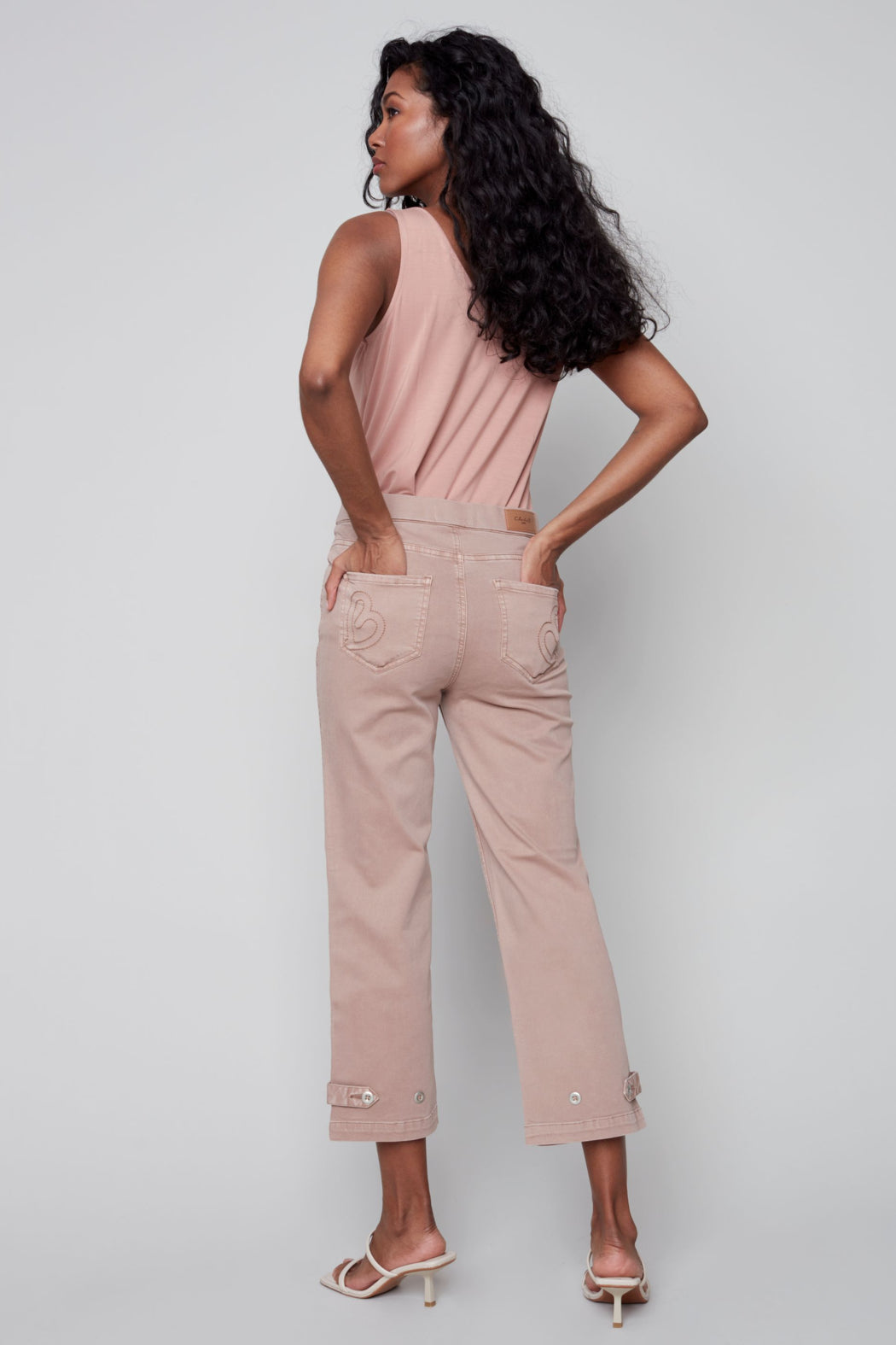 Pull on denim pant with side button detail