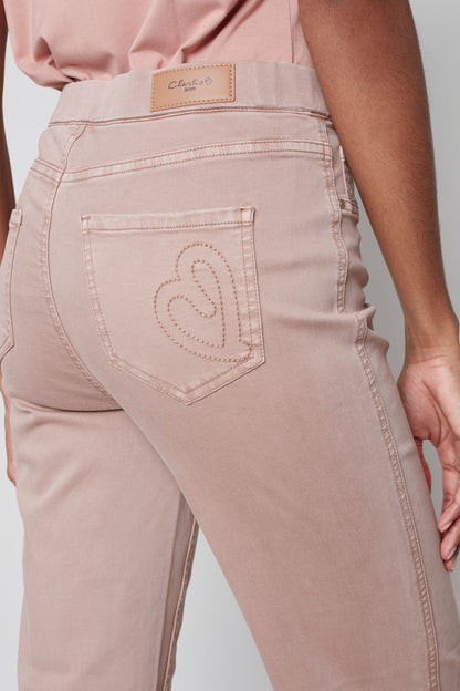 Pull on denim pant with side button detail