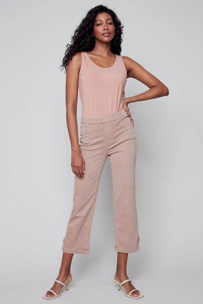 Pull on denim pant with side button detail