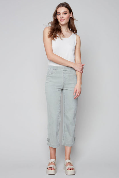 Pull on denim pant with side button detail