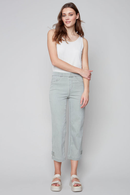 Pull on denim pant with side button detail