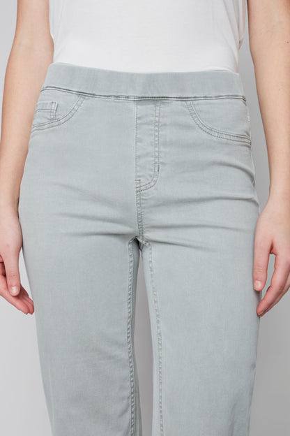 Pull on denim pant with side button detail