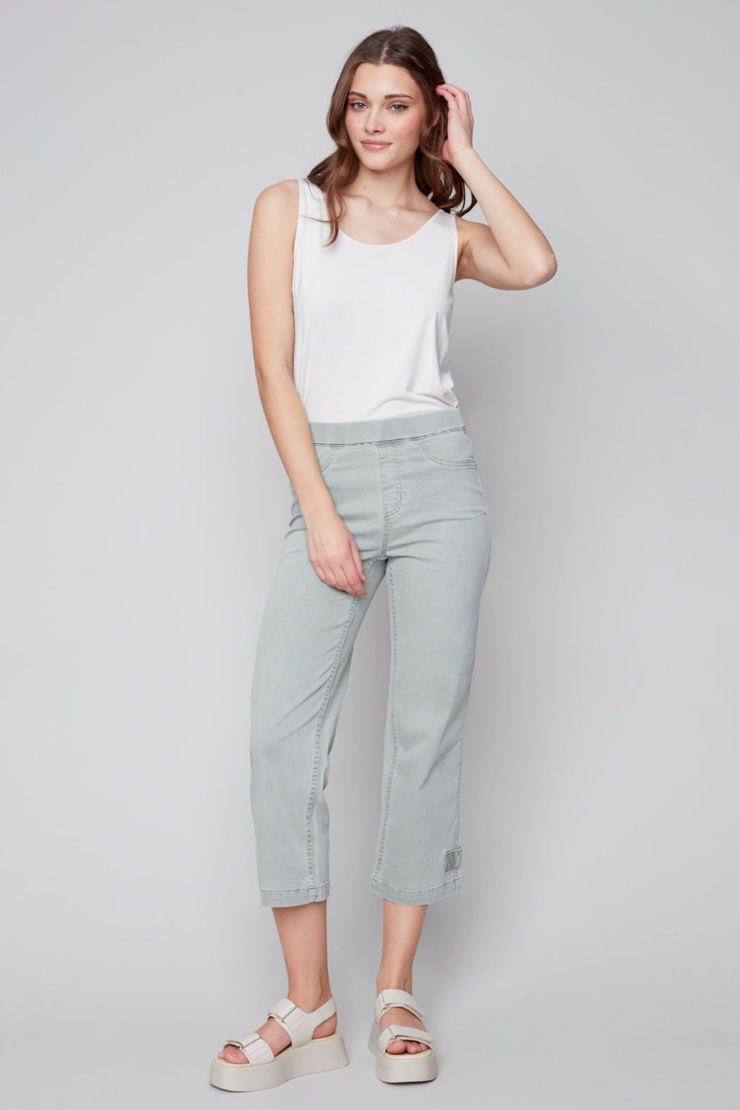 Pull on denim pant with side button detail