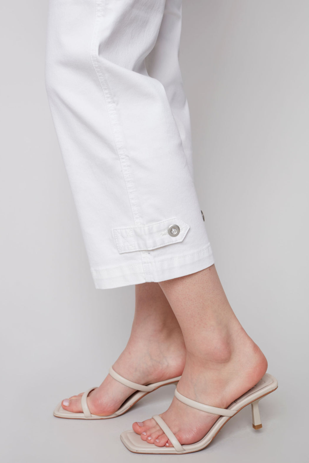 Pull on denim pant with side button detail