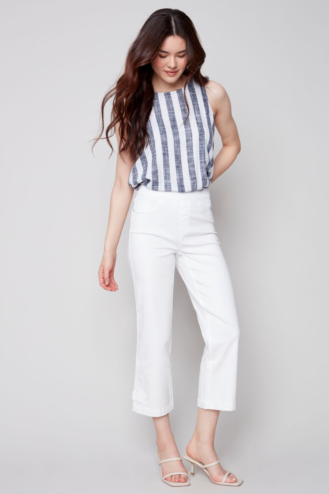Pull on denim pant with side button detail