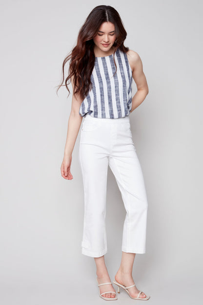 Pull on denim pant with side button detail