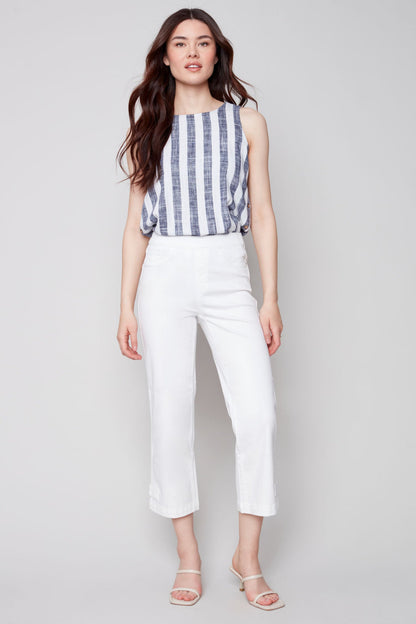 Pull on denim pant with side button detail