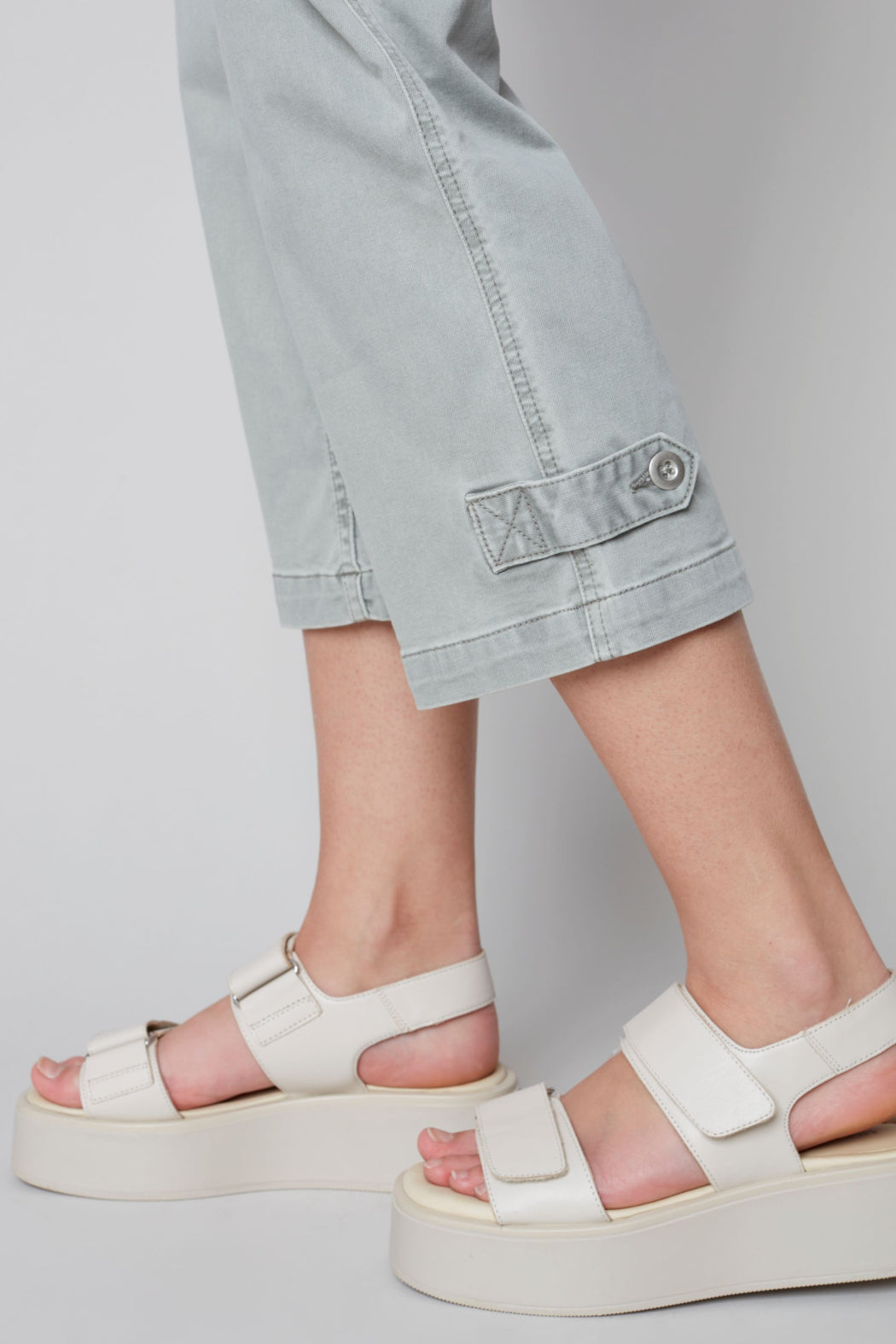Pull on denim pant with side button detail