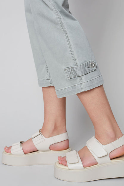 Pull on denim pant with side button detail
