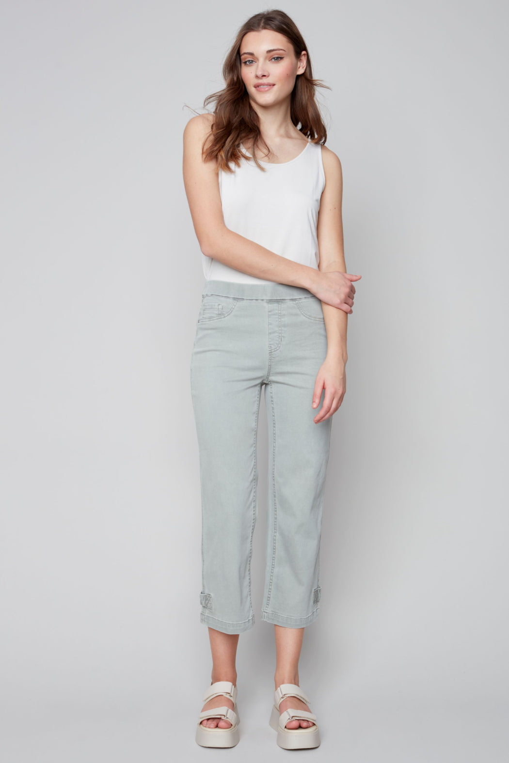 Pull on denim pant with side button detail