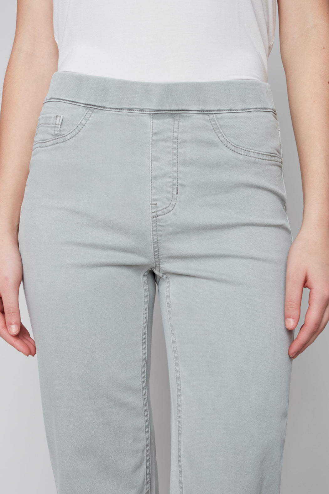 Pull on denim pant with side button detail