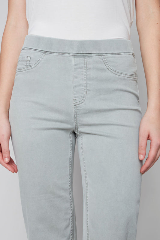 Pull on denim pant with side button detail