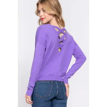 Purple Long Sleeve V-Neck Back Cross Strap Viscose Sweater