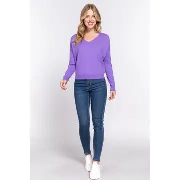 Purple Long Sleeve V-Neck Back Cross Strap Viscose Sweater