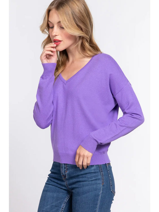 Purple Long Sleeve V-Neck Back Cross Strap Viscose Sweater