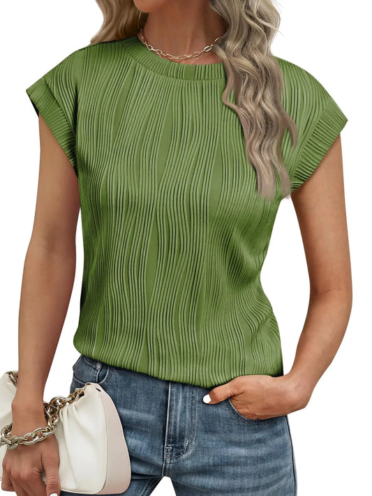 LILLUSORY Womens Short Sleeve Dressy Tops Crewneck Textured Tops Cute Summer Tops 2024 Basic T-Shirts Work Blouses ArmyGreen L
