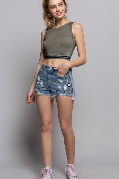 Raw Edge Denim Shorts with Eyelet Details
