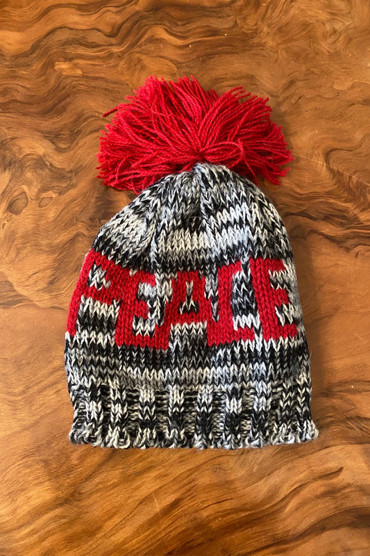 Red and Grey Knit Peace Beanie