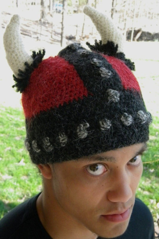 Red & Back Crochet Viking Hat